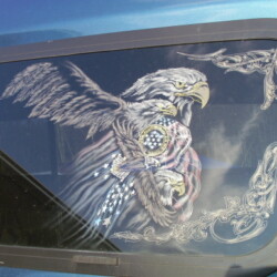 An eagle on a window of a blue car.