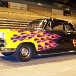 A car with flames on it.