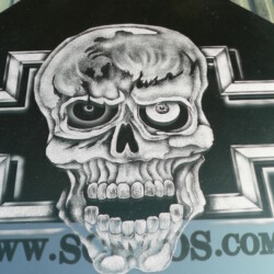 A black and white image of a skull on a glass plate.