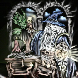 A painting of a wizard sitting at a table.