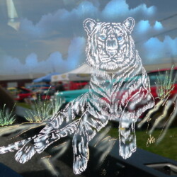 A tiger is painted on the side of a car.