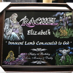 A frame with the name rachel elizabeth innocent lamb conscious to go.