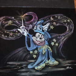 A painting of mickey mouse with a magic wand.