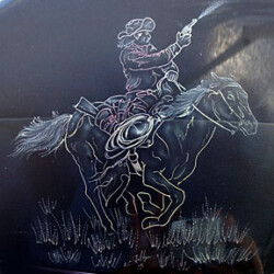A drawing of a cowboy on a horse.