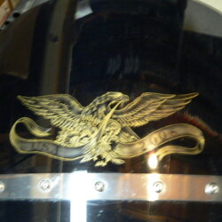 A helmet with an eagle on it.