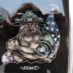 A sticker with an image of a bulldog on it.