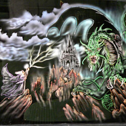 A painting of a dragon on a wall.