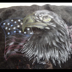 An eagle with an american flag on a black towel.