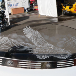 A motorcycle with an eagle on the windshield.